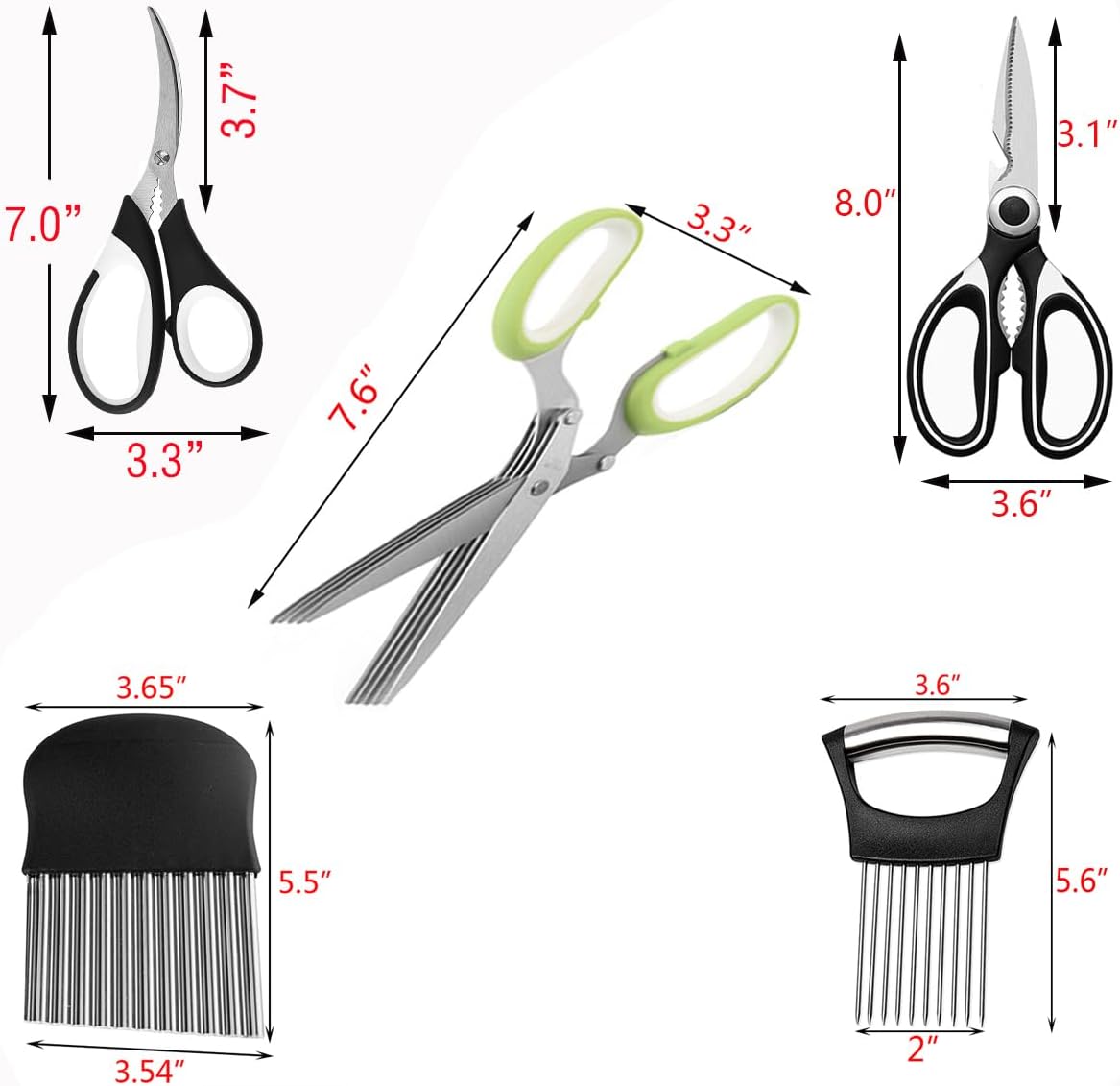 5-Blade Herb Scissors, Kitchen Shears, Seafood Scissors, Onion Holder Slicer and Potato Crinkle Cutter, yamesu Kitchen Gadget Salad Herb Tools 5 Sets