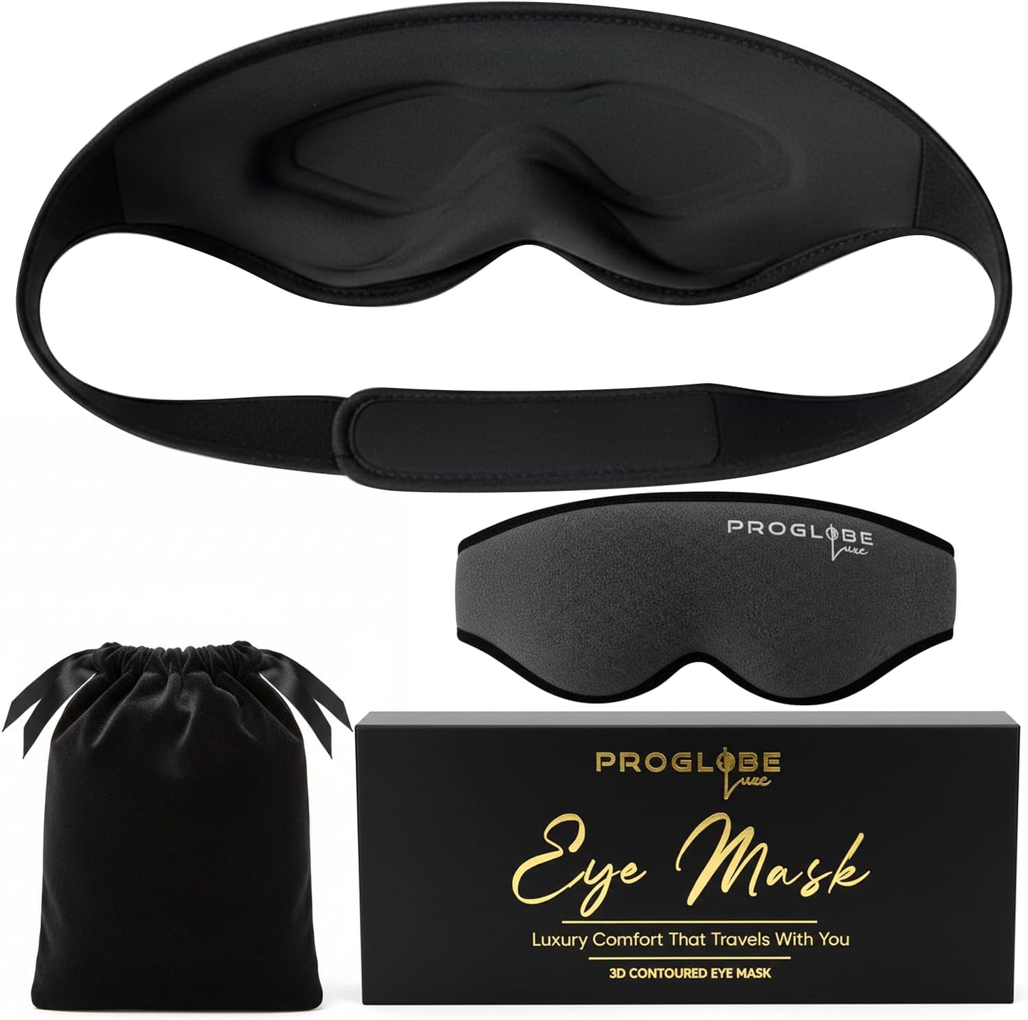 Proglobe Luxe Luxury Sleep Mask for Back & Side Sleepers, 100% Light Blocking 3D Eye Mask with Zero Pressure Eye Cups, Lash-Friendly, Soft Breathable Night Mask for Travel & Naps, Black