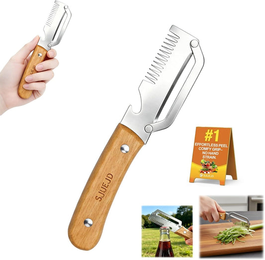 Multifunctional Vegetable Peeler and Julienne Peeler, Stainless Steel Shredder with Wooden Handle and Bottle Opener for Potatoes Carrots Cucumbers Cabbage and Fruit (1Pc)