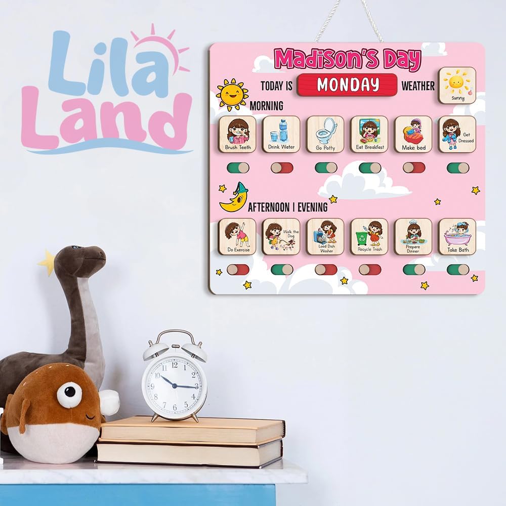 Wooden Daily Routine for Kids, Chore Chart for Toddler, Daily Responsibilities for Kids, Visual Schedule, Morning Bedtime Routine for Girls