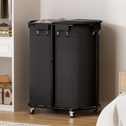 Laundry Hamper with Wheels and Lid, 100L Half Round Rolling Laundry Basket | Gasvadivum Sturdy Metal Frame Laundry Cart with Removable Bag, Dirty Clothes sorter Organizer for Bathroom, Bedroom, Black