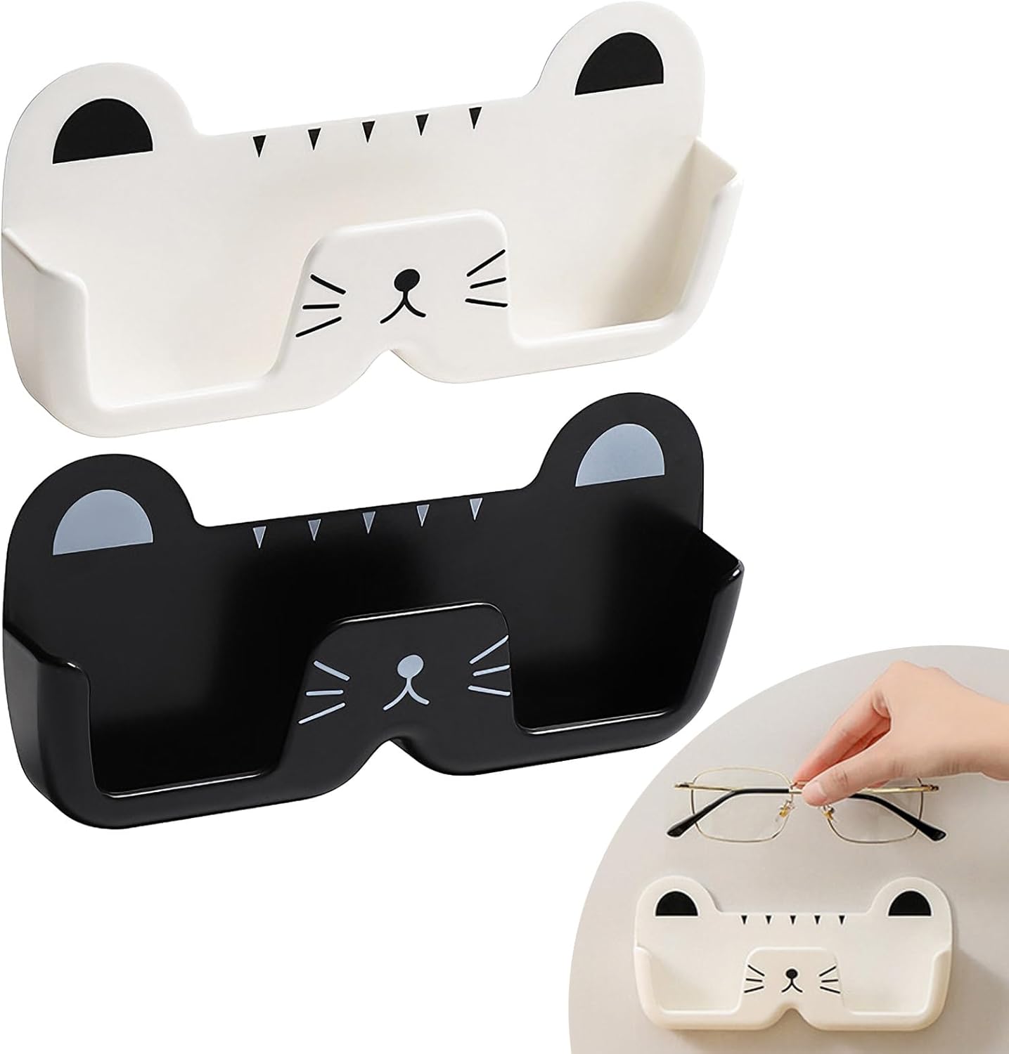 2Pcs Bedside Glasses Holder Stand, Cute Cat-Shaped Wall Mounted Eyeglasses Holder, Funny Black & White Sunglasses Organizer, Compact Bedside Glasses Stand for Bedroom, Small Space Eyewear Storage