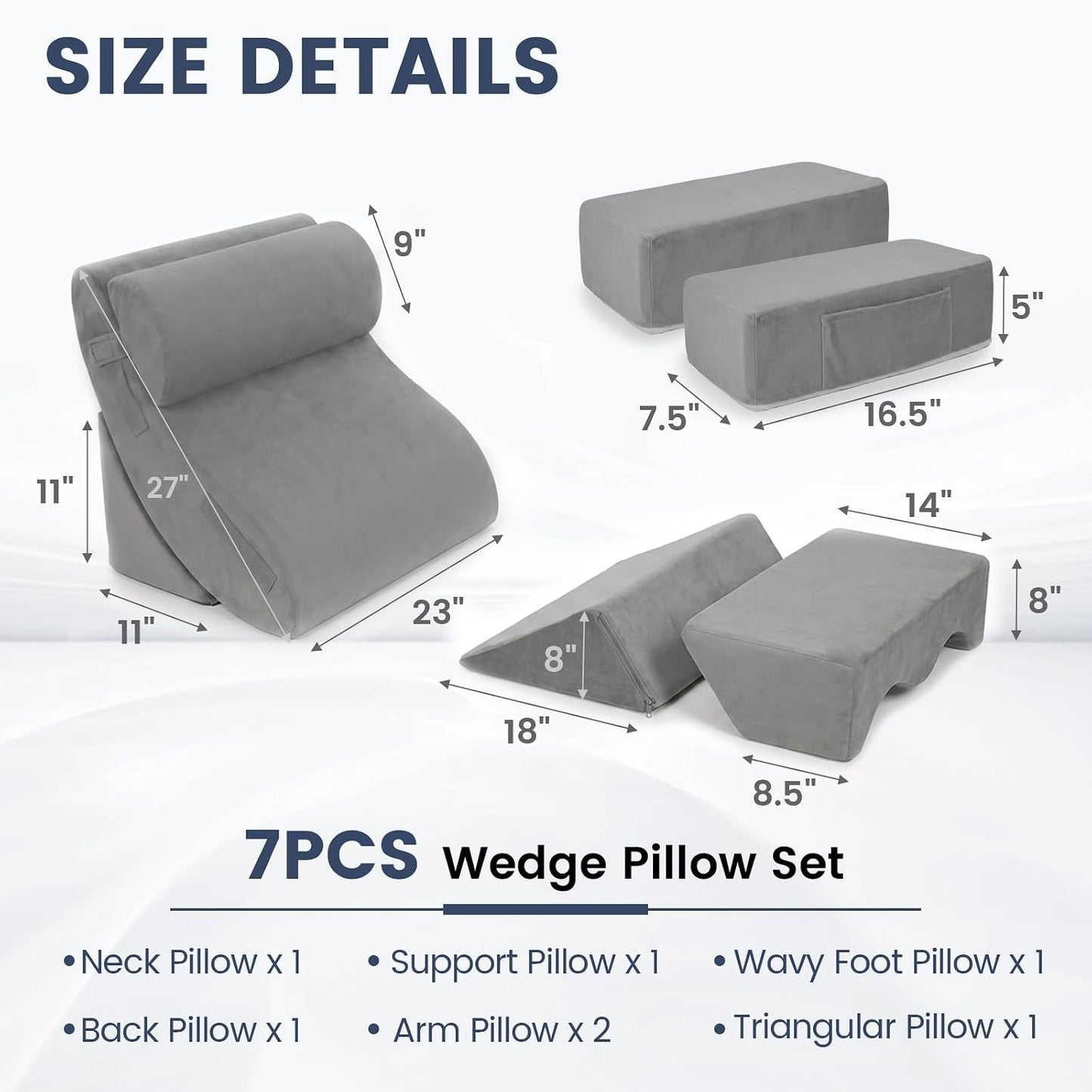 5PCS Wedge Pillow Set for After Surgery, Adjustable Orthopedic Foam Bed Wedge Pillow for Acid Reflux, GERD & Heartburn Relief, Back & Leg Elevation Support for Sleeping & Sitting Up, White Grey