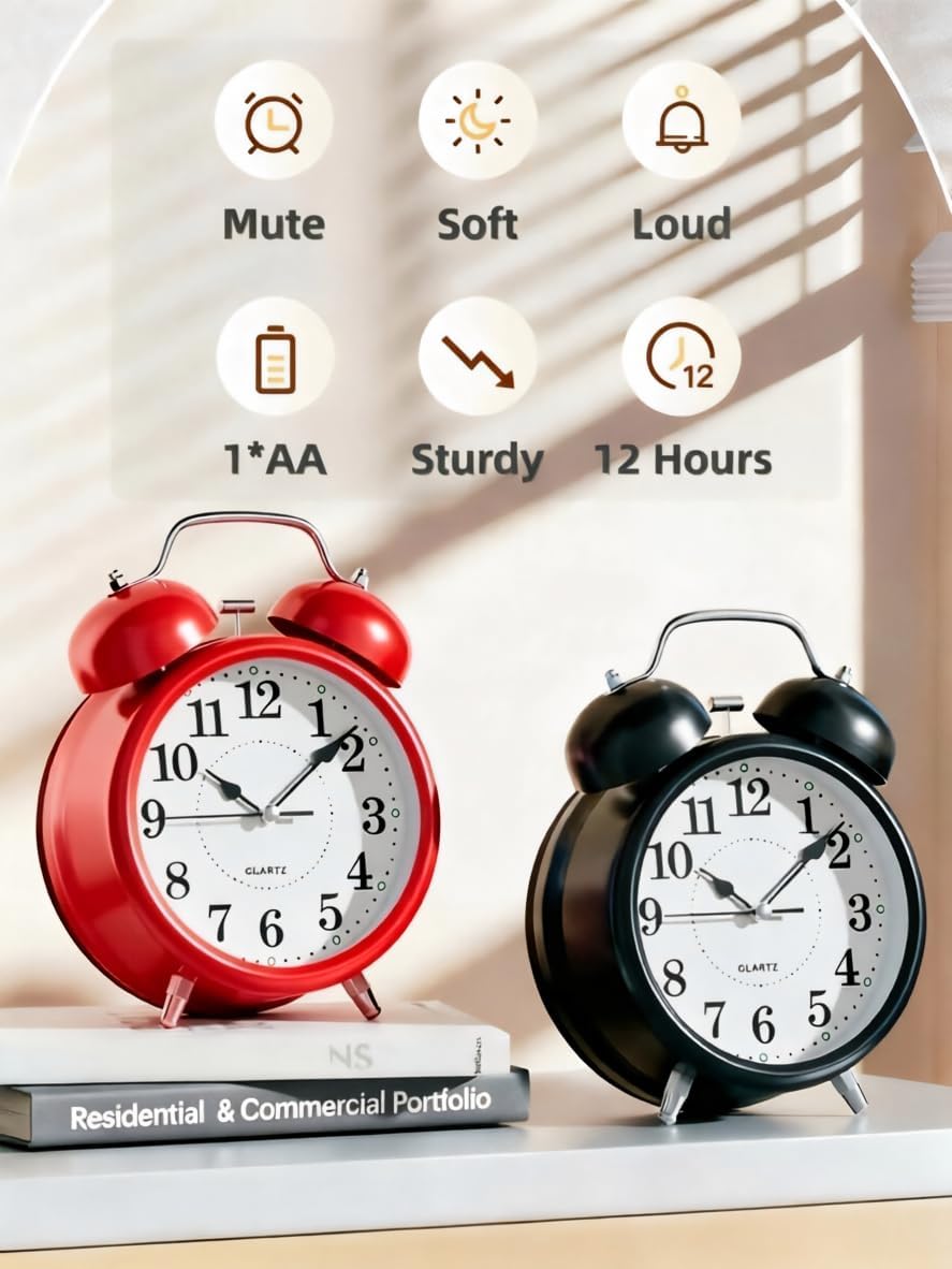 4 Inches Analog Alarm Clocks Retro Backlight Cute Simple Design with Night Light Silent Non-Ticking Battery Operated [Red]