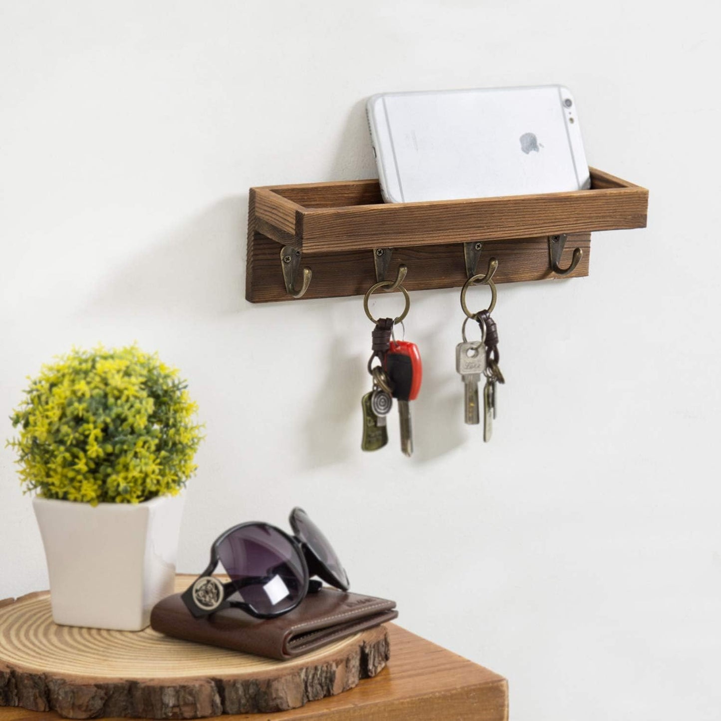 MyGift 10 Inch Brown Wood Wall Mounted Floating Shelf Key Rack with 4 Hooks | Four Metal Hooks, Space Saving Storage, Entryway Organization, Rustic Accent, Keys Mail Accessories Display