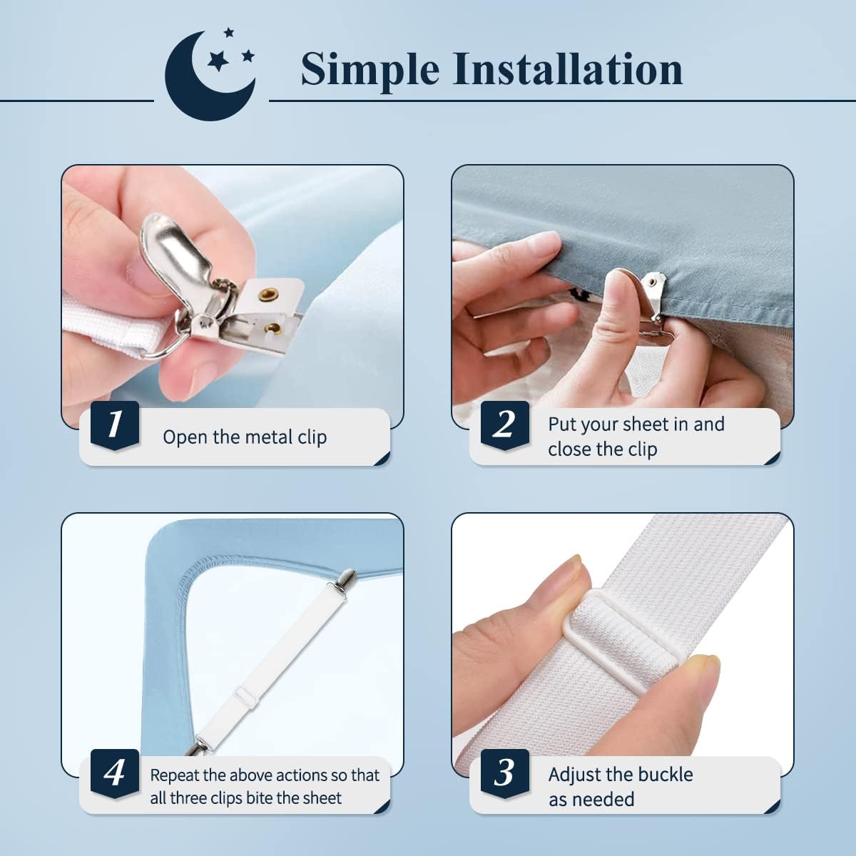Sopito Sheet Straps, Adjustable Elastic Bed Sheet Holder, 4pcs White | Keep Sheet Firm & Tight, Non-Slip Strong Gripping Sheet Clips, Max Stretch 26.8'' for Crib to King Size Bed, Easy to Install