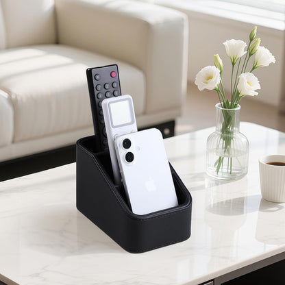 Remote Control Holder, Small Desk Organizer TV Remote Caddy, Black | PU Leather 3 Compartments Remote Holder, Remote Organizer Nightstand Organizer for Couch Bedside Living Room Office