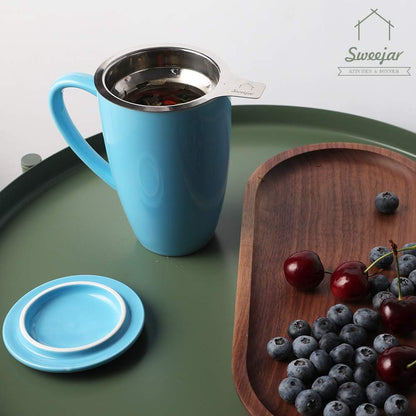 Sweejar Porcelain Tea Infuser Mug with Lid, 16 oz Teacup with Strainers for Loose Leaf Tea, Microwave and Dishwasher Safe Coffee Mug(Purple)