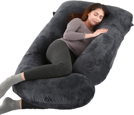 ALLOPERA Pregnancy Pillows for Sleeping, 57-Inch U-Shaped Full Body Maternity Pillow with Adjustable Fill and Removable Washable Cover, Back, Belly, Hip and Leg Support for Pregnant Women, Black Grey