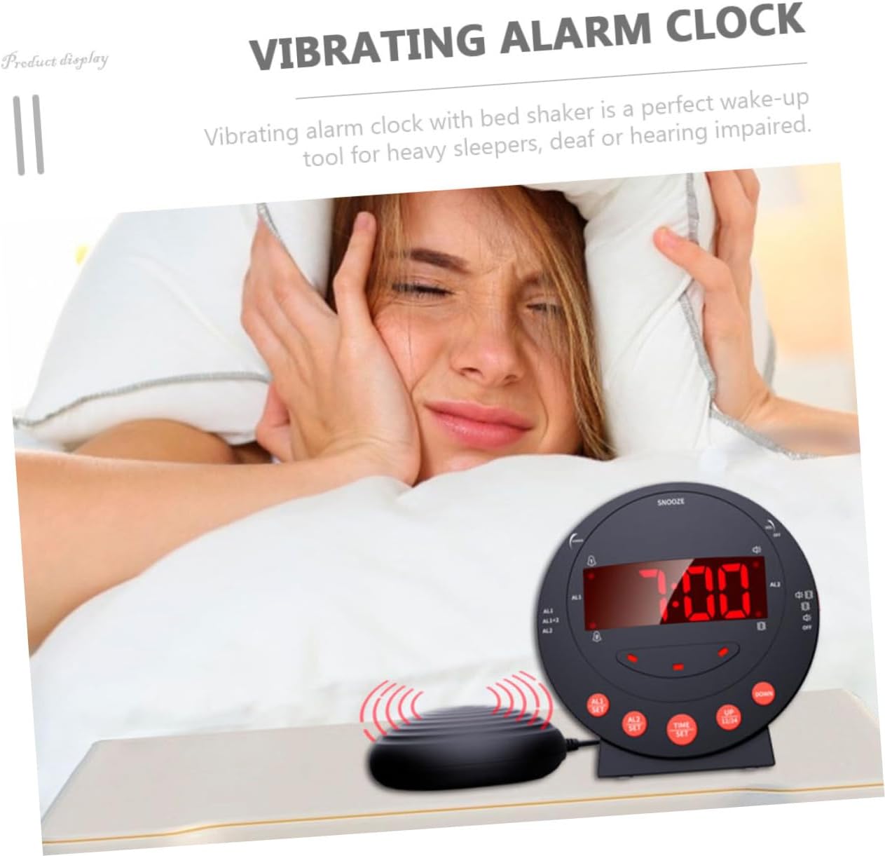 Happyyami Vibrating Alarm Clock with Bed Shaker for Heavy Sleepers and Deaf 3-Piece Set Digital LED Display Loud Sound Suitable for Home Use