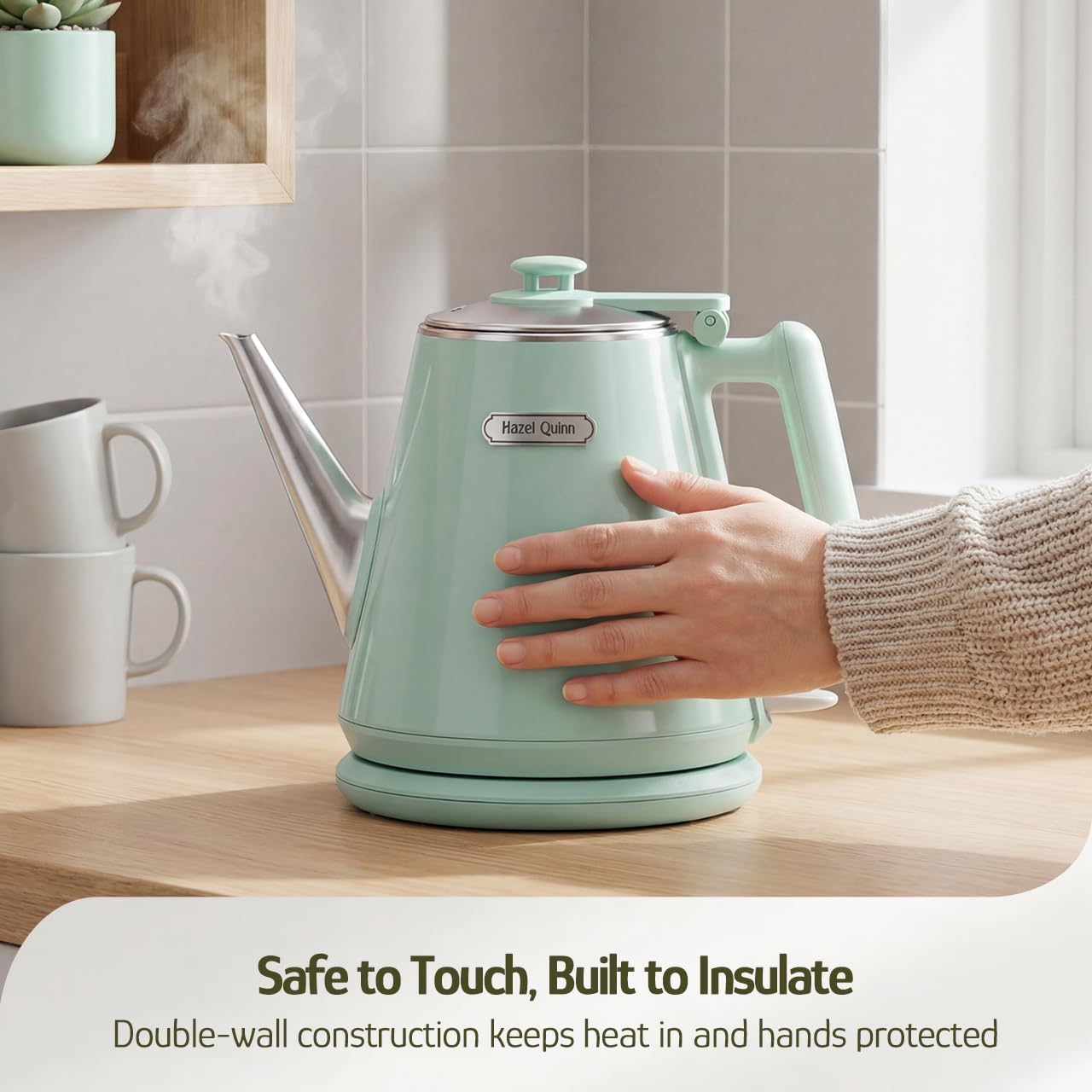 Hazel Quinn Electric Kettle, 1L/34oz Small Tea Kettle - Pearl White | 800W Fast Boil, 304 Stainless Steel Interior, Double-Wall Cool Touch, Gooseneck Spout, Auto Shut-Off, BPA-Free Cordless Home
