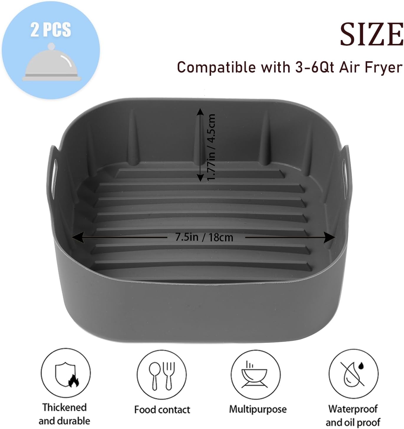 Silicone Air Fryer Liners Square,Pot 2Pcs 7.5inch Reusable Air Fryer Basket | Foopama Fit 3-6qt Reusable Non-Stick Silicone Liners Air Fryer Accessories for Air Fryer Inserts Oven Baking Tray Microwave