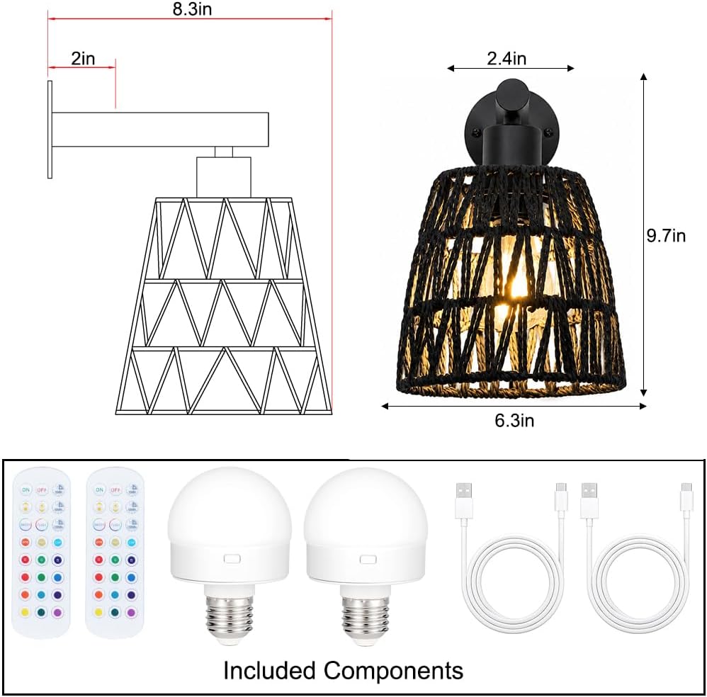 Boho Battery Operated Wall Sconces, Rattan Wall Sconce Set of 2 with Remote, RGB 15 Colors Dimmable Rechargeable Wall Light, Black Indoor Wireless Wall Lamp, Farmhouse Rattan Wall Lighting for Bedroom