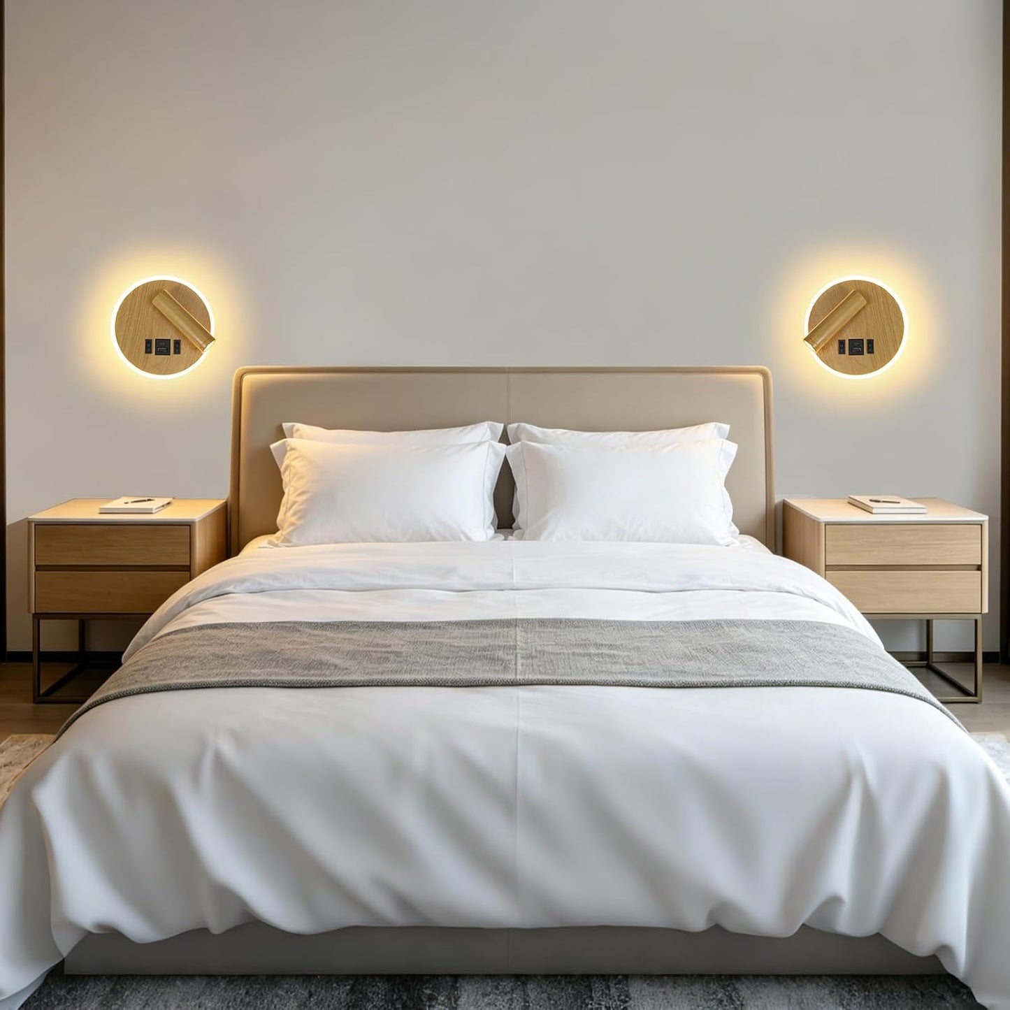 Plug in Wall Sconce with Wall Mounted Reading Lights with Switch | Wall Lamp for Bedroom with Charging Station USB C+A Ports,Bunk Bed Lights with 3W+9W Night Light,Walnut Color Reading Light