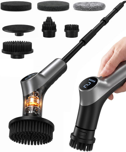 Electric Spin Scrubber for Bathroom,IPX7 Cordless Cleaning Brush with 6 Replaceable Brush Heads,120 Mins Runtime Power Shower Scrubber with Adjustable Extension Handle and Durable Brush Head for Tub