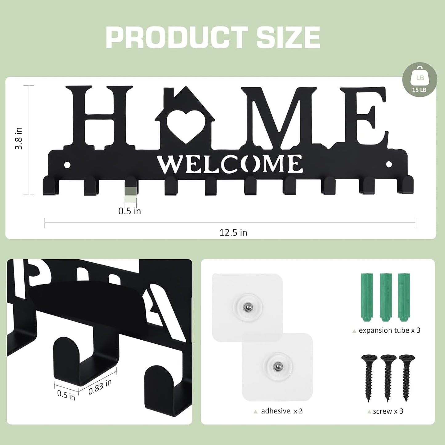 Key Holder Wall Mount, Adhesive Key Hanger with 12 Hooks, Black | Metal Material, 2 Mount Options, Compact Design, Cute Wall Decoration, Suit for Entryway, Doorway, Hallway, RV, Garage