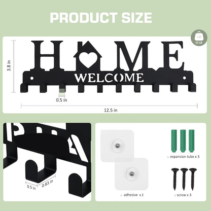 Key Holder Wall Mount, Adhesive Key Hanger with 12 Hooks, Black | Metal Material, 2 Mount Options, Compact Design, Cute Wall Decoration, Suit for Entryway, Doorway, Hallway, RV, Garage