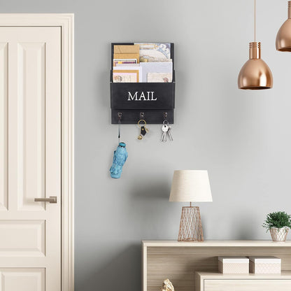 DLQuarts Solid Wood Mail Organizer with Key Holder for Wall, Mail Sorter Wall Mounted, Decorative Wooden Key and Mail Holder with 3 Hooks, White