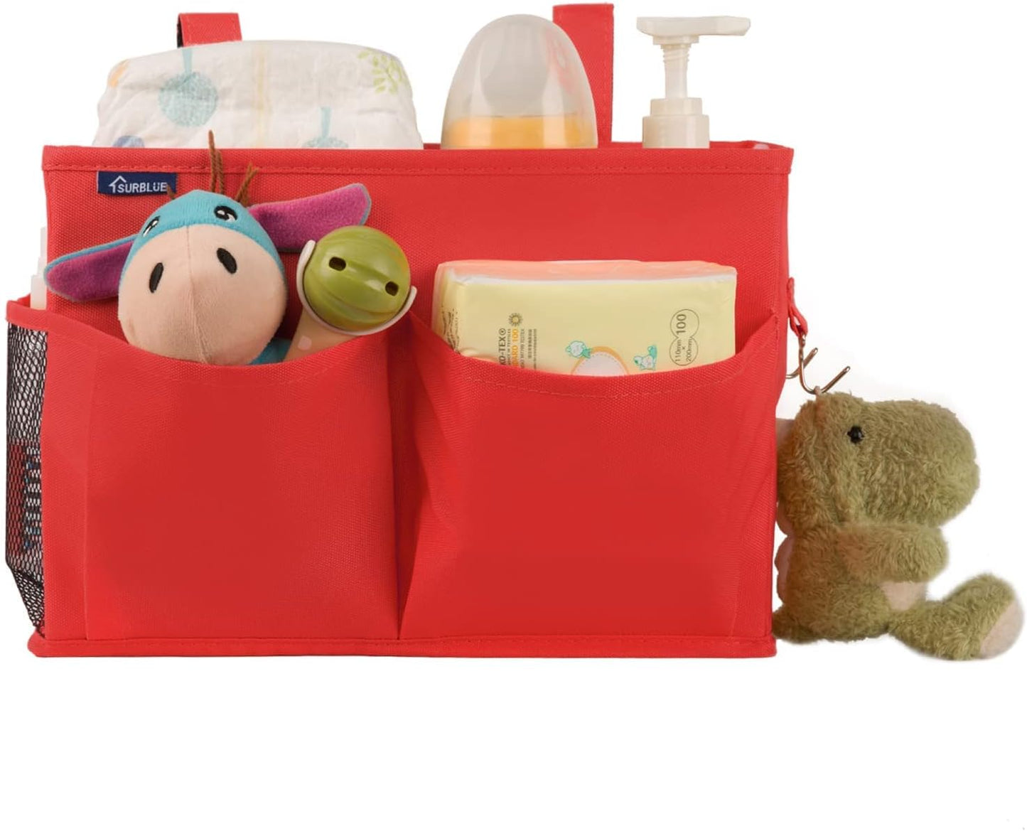 Surblue Bedside Caddy Hanging Organizer Storage Bag Pocket for Bunk, Hospital, College Dorm Rooms, Baby Bed Rails, Camp - 4 Pockets, 2 Hooks (Blue)