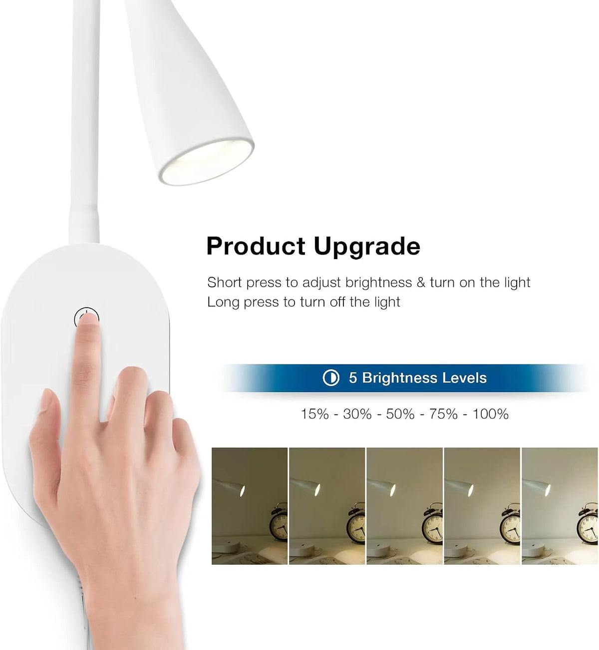 LED Reading Light, Eye-Caring Book Light for Reading in Bed, 360° Flexible Clip on headboard lamp, 5W 3000k Desk Lamp with Clamp for Bedroom, Office, Painting, Workbench and Sewing, White