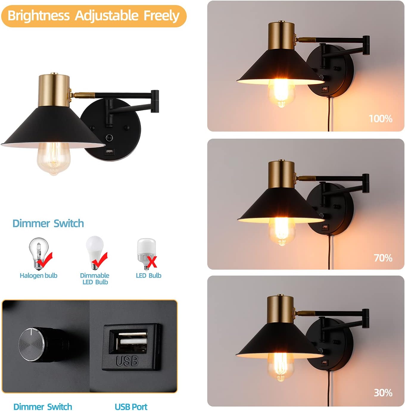 Swing Arm Wall Lamp Plug in Wall Sconces Adjustable Vintage Industrial Reading Light Bedside Wall Mount Light with Dimmable Switch and USB Port Black