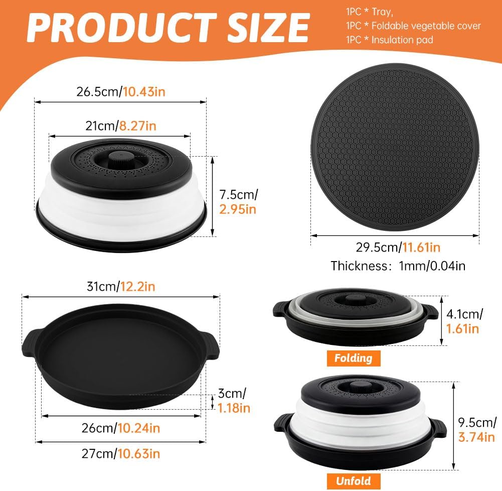 Microwave Splatter Cover 2 in 1 Collapsible Microwave Food Cover with Tray & Handles,Microwave Plate Covers With Steam Vent Fits Bowls,Plates & Pots,Food,Meal Prep(26 * 26 * 7cm,COLOR:Black)