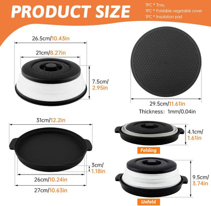 Collapsible Microwave Splatter Cover for Food with Base Mat,Silicone Microwave Plate Cover,Vented Silicone Splatter Guard Lid Vegetable Fruit Colander for Even Heatin(27 * 9.5cm,COLOR:Grey)