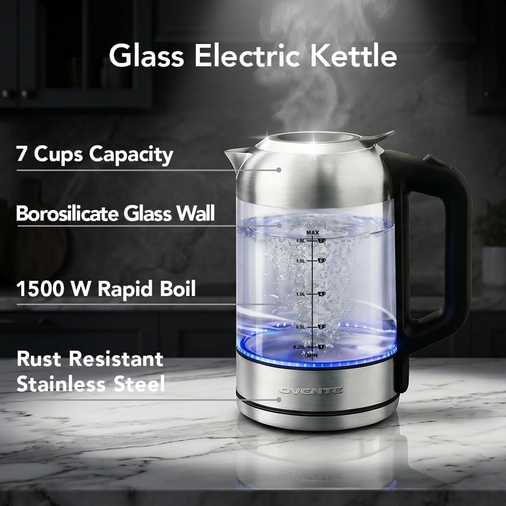 OVENTE 1.8L Glass Electric Kettle Water Boiler, Silver KG751S | 1500W Fast Boiling, Easy Fill Lid, Borosilicate Glass, BPA-Free, Blue LED, Auto Shut-Off, Boil-Dry Protection, Cordless