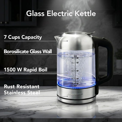 OVENTE 1.8L Glass Electric Kettle Water Boiler, Silver KG751S | 1500W Fast Boiling, Easy Fill Lid, Borosilicate Glass, BPA-Free, Blue LED, Auto Shut-Off, Boil-Dry Protection, Cordless