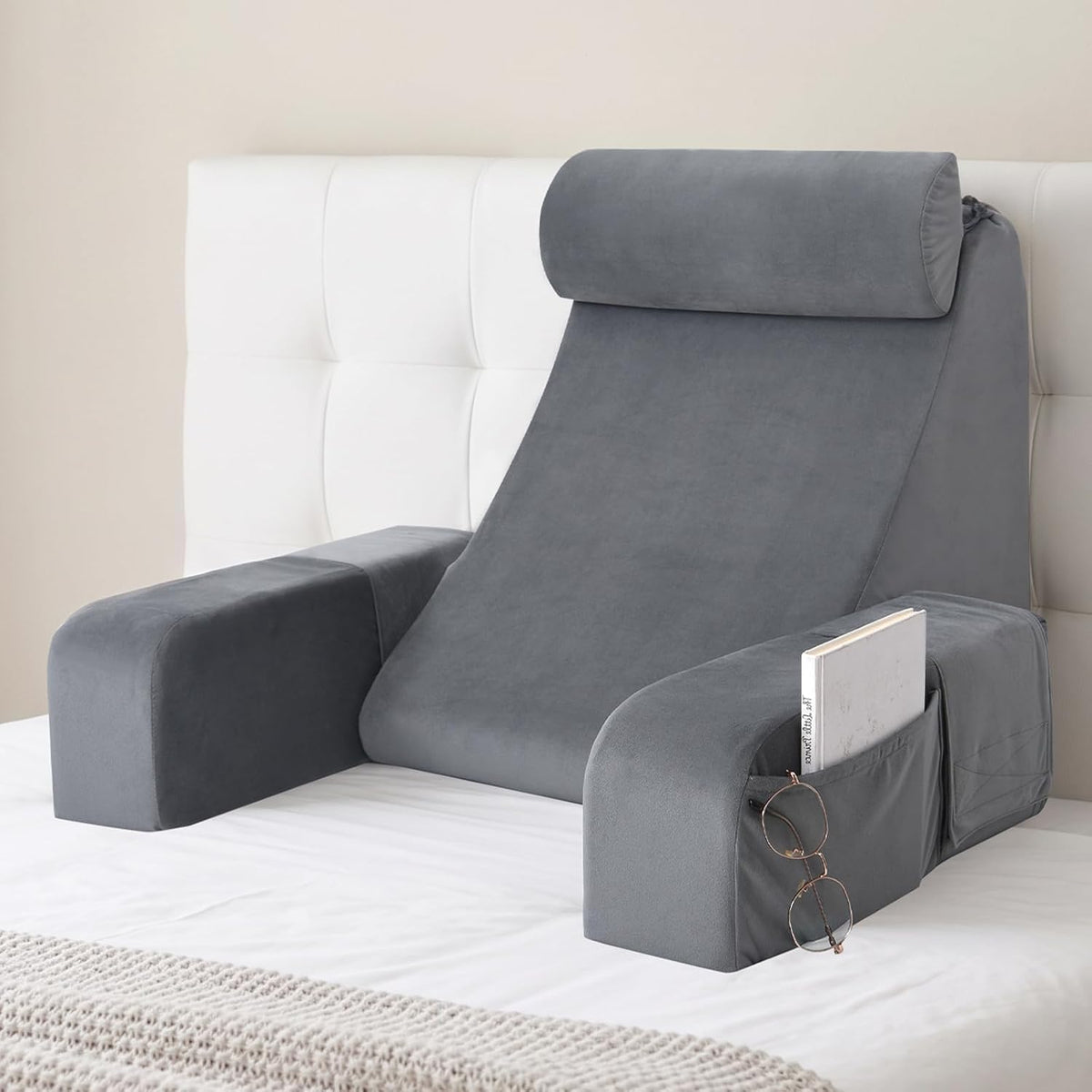 ENITYA 21" Reading Pillow for Bed with Firm Back Support & Big Pockets