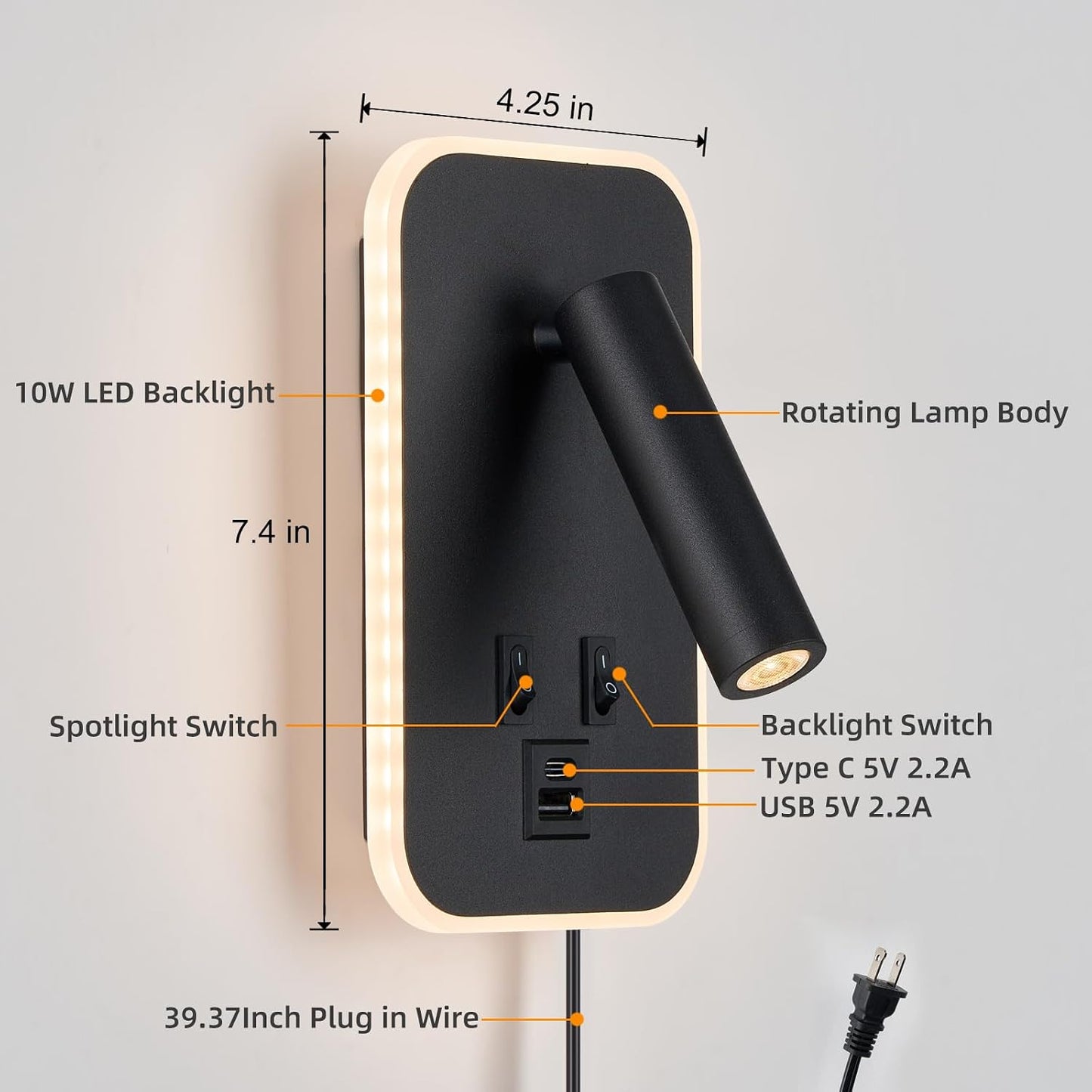 Bed Reading Light, Wall Mounted Reading Fixture with USB C+A Ports, Adjustable Headboard Sconces, Plug-in or Hardwired Bedside Lamp, Modern Black 10W+3W 3000K Warm Ambient lighting for Bedroom