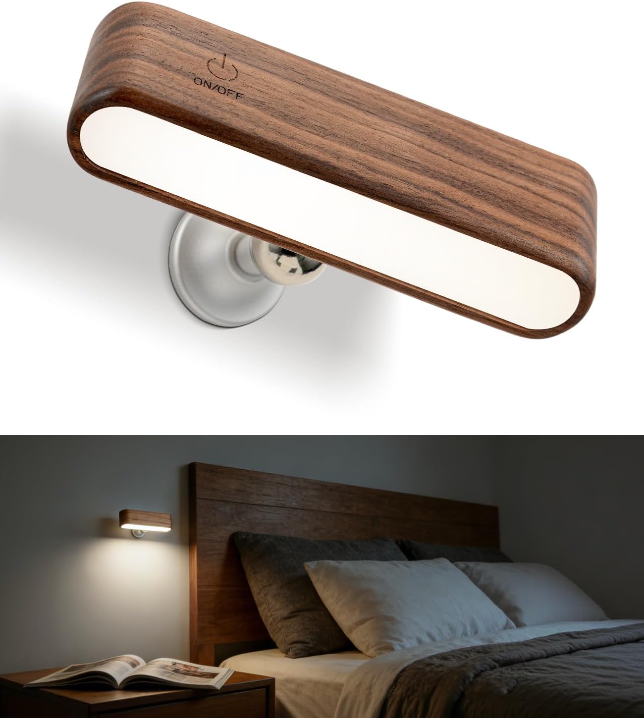 Rechargeable Wall Sconce, Reading Light for Bed, Magnetic Wood Lamp | Set of 2, Black Walnut, Touch Control, Adjustable Brightness, 4000K Nautral Light for Reading, Headboard Light, 360° Rotation