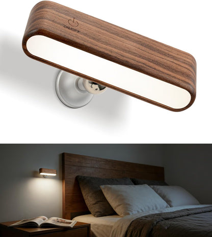 Rechargeable Wall Sconce, Reading Light for Bed, Magnetic Wood Lamp | Set of 2, Black Walnut, Touch Control, Adjustable Brightness, 4000K Nautral Light for Reading, Headboard Light, 360° Rotation
