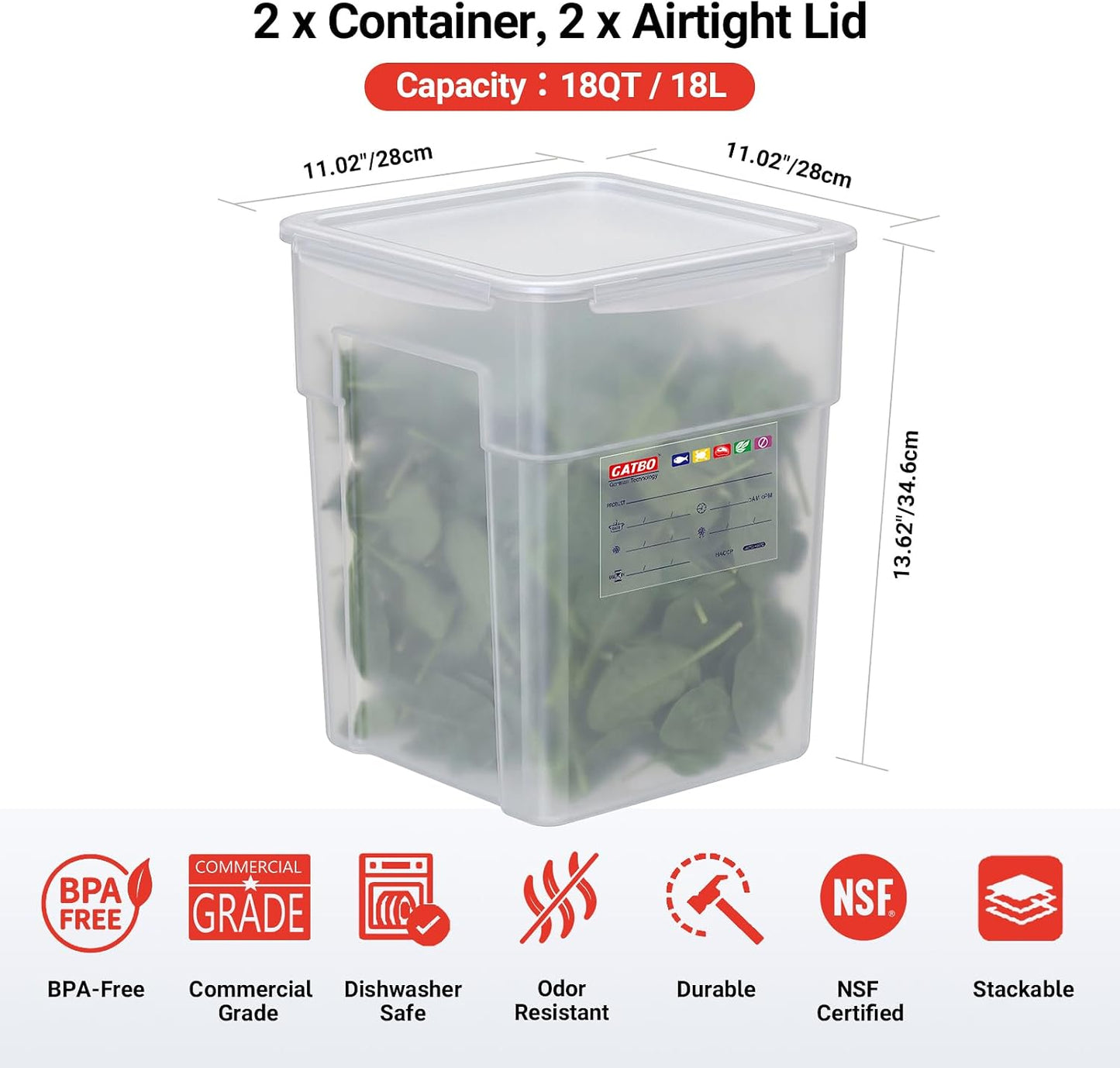 2 Pack 18 QT BPA-Free Translucent Polypropylene Airtight Food Storage Containers, Labeling Area, Stackable Bulk Storage for Flour, Rice, Sugar & Pet Food