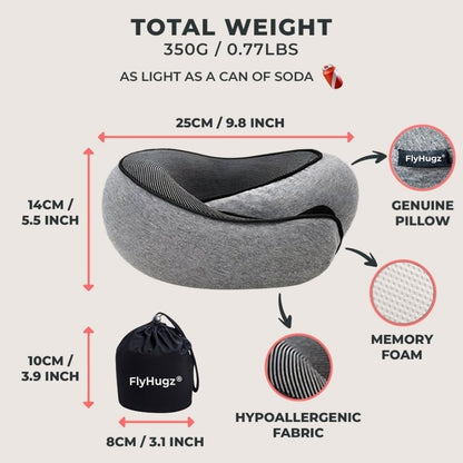 FlyHugz® Neck Travel Pillow Memory Foam Neck Pillow, Gray