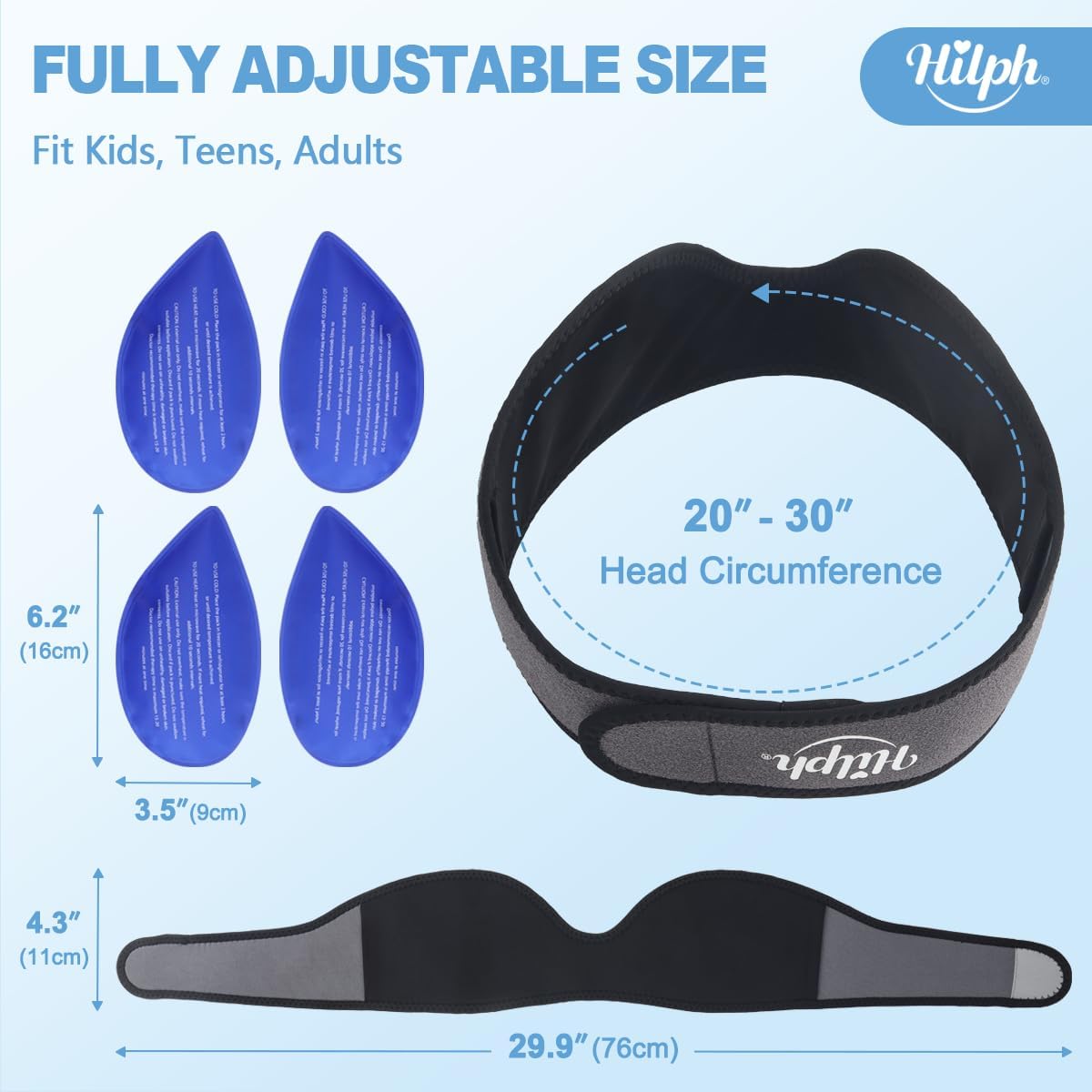 Hilph Wisdom Teeth Ice Pack Head Wrap, Face Ice Pack for Jaw Oral Surgery | Large Jaw Ice Wrap with 4 Hot Cold Gel Packs, Pain Relief for TMJ, Tonsillectomy, Wisdom Teeth Recovery Must Haves, Blue