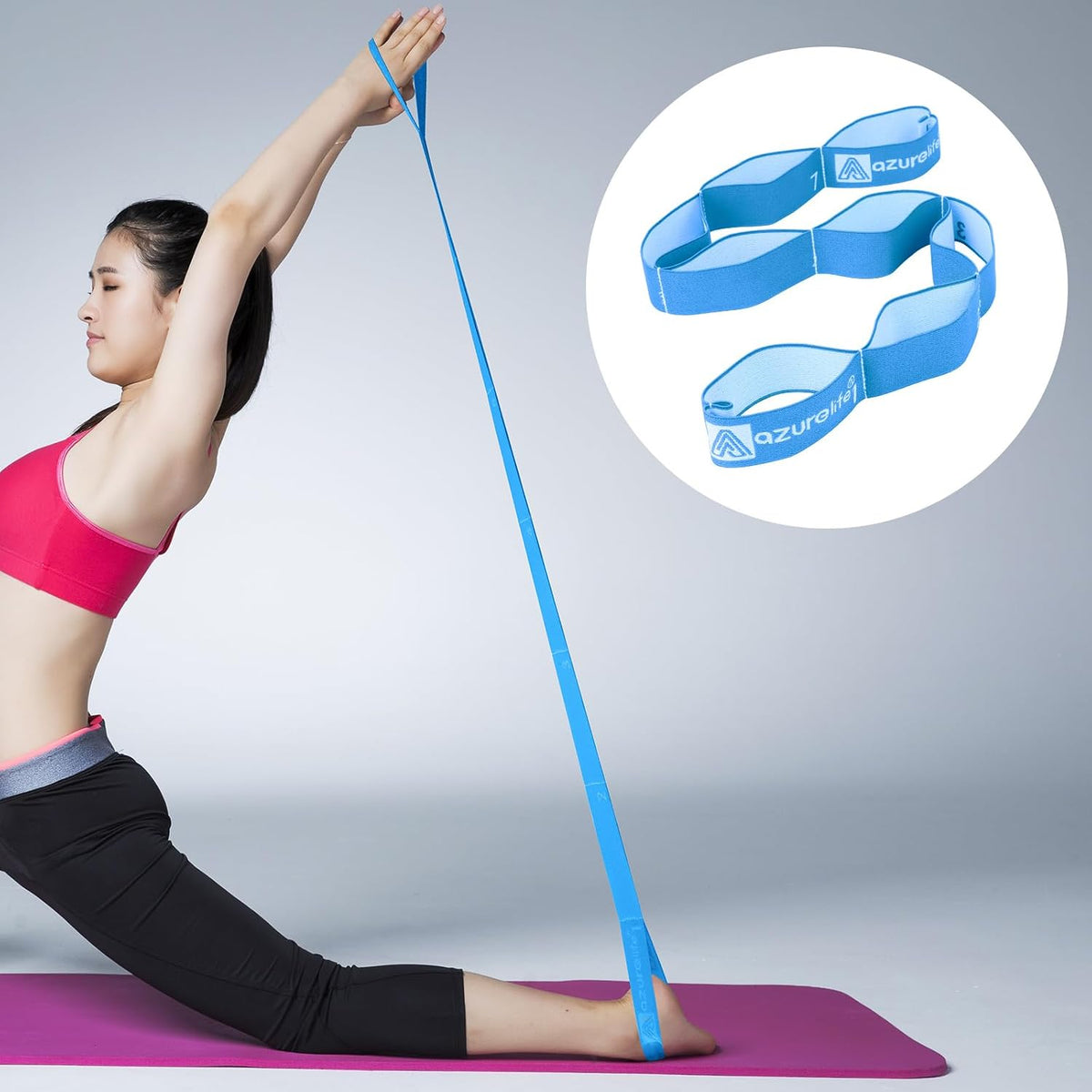 A AZURELIFE Elastic Yoga Stretching Strap, Multi-Loop Stretch Strap for Physical Therapy, Pilates, Yoga, Dance & Gymnastics Exercise and Flexible Pilates Stretch Band