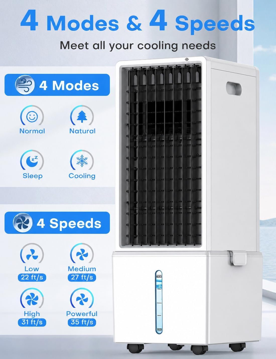 Portable Air Conditioners 4 Modes&3 Speeds,4 Ice Packs, Waterless Alert System, 12H Timer, Remote,1 Gal Detachable Water Tank, 70°Oscillation Windowless Evaporative Air Cooler for Room Office