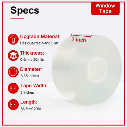 Window Sealing Tape 2 Inch x 33 FT Transparent Window Draft Insulation Residue-Free Clear Weather Stripping Caulk Tape Windproof Weatherproof Window Seal AC Units for Window Glass, Doors Gaps
