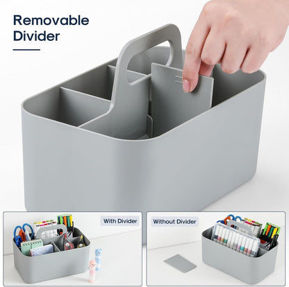 Multiuse Caddy Organizer with Handle, Portable Divided Plastic Tote Bin - Art Craft, Stationary Pen Marker Crayons, Makeup Hair Supplies Storage - Bathroom, Classroom, Dorm, Office, Desk Holder - Grey