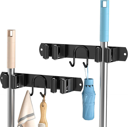 Broom Holder Wall Mount, Stainless Steel Mop and Broom Organizer, Broom Hanger with 2 Slots 2 Hooks for Home Kitchen, Garage, Garden and Laundry Room, Black