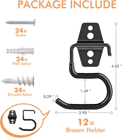 Broom Holder Wall Mount, 12Pack Tool Hangers Garage Wall Hanging Organizer | Heavy Duty Rubber Coated Steel, Large S Garage Hooks for Mop Shovel Rake Shed Garden Lawn Yard Handle Tools Organization