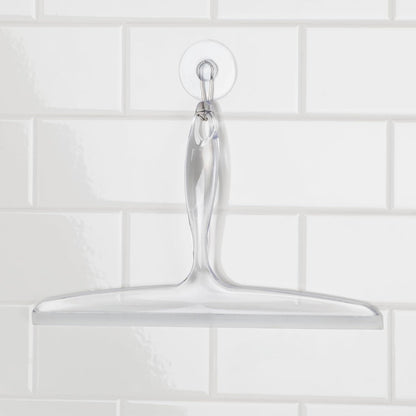 iDesign Plastic Bath Squeegee for Glass with Suction Hook Holder – 12", Clear