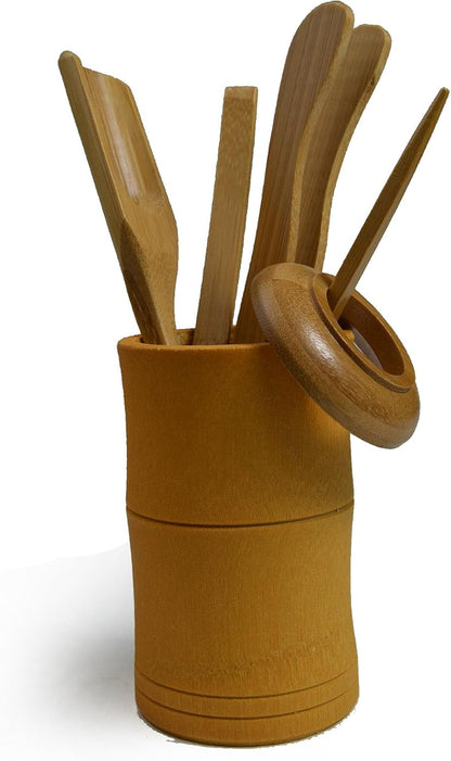 Chadao Tea Ceremony Set, 6-Piece GongFu Tea Bamboo Tools Spoon, Tin Needle Funnel (Square canister)
