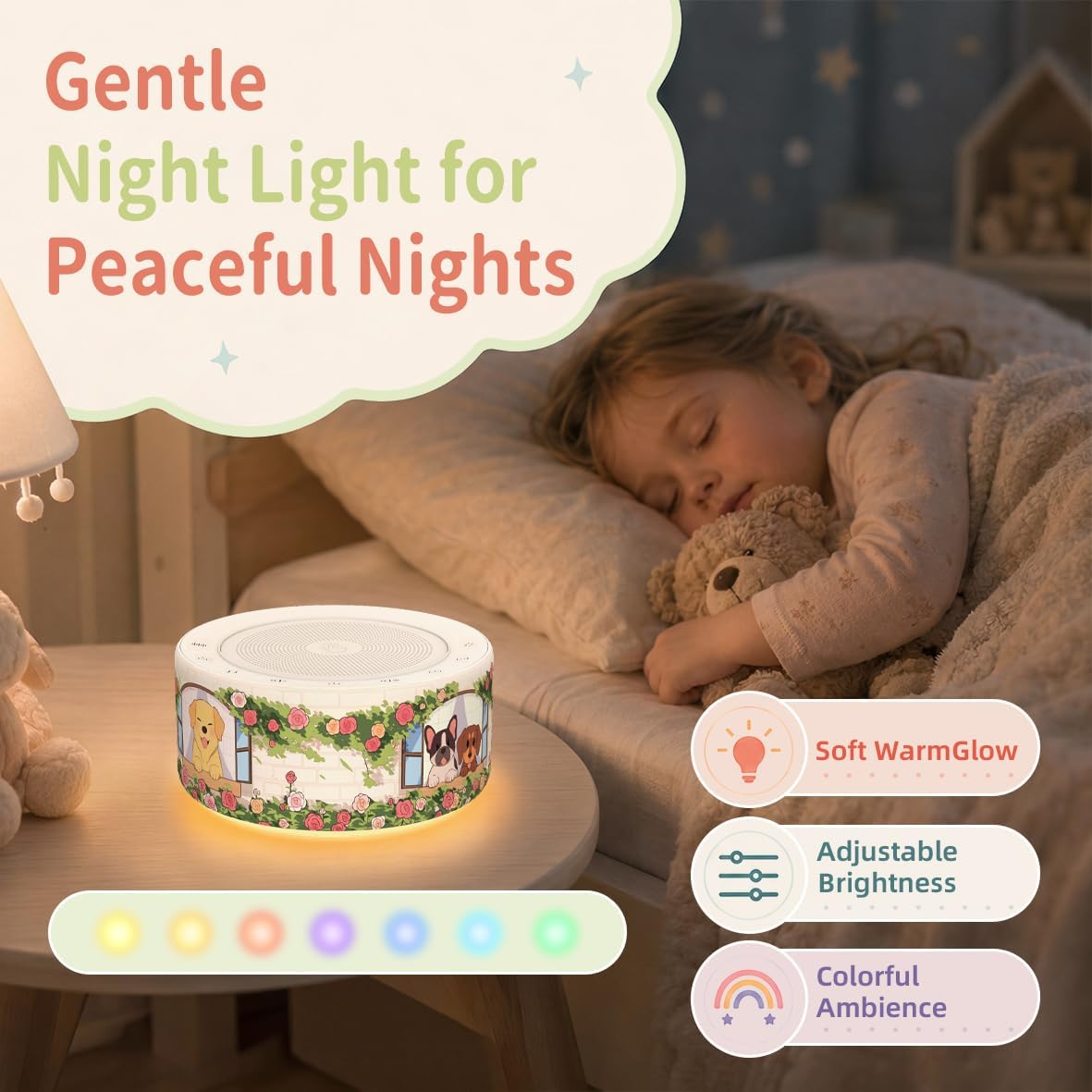 Kipcush White Noise Machine for Baby & Adults, 30 Soothing Sounds, Sleep Sound Machine with 8 Color Night Light, Memory Function, White Noise for Sleeping, Nursery, Office, Travel & Relaxation