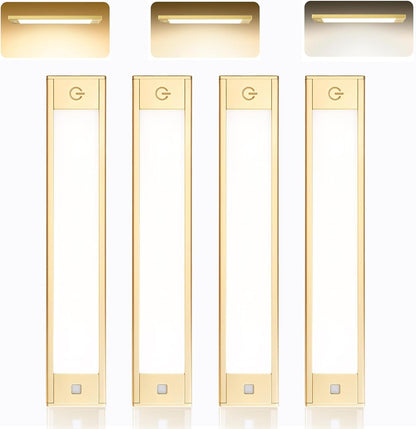 V4light Motion Sensor Cabinet Light, Rechargeable, Dimmable, 2Pcs, 9in | Gold aluminum, magnetic wireless, 1800mAh, 3 color temps & dimmable, ideal for kitchen cabinets, shelves & closets