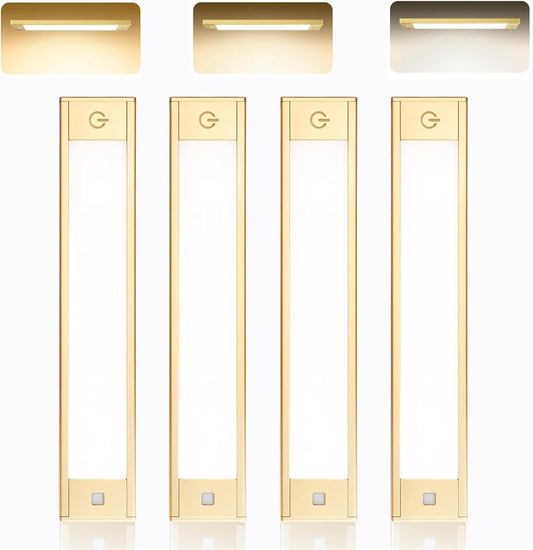V4light Motion Sensor Cabinet Light, Rechargeable, Dimmable, 2Pcs, 9in | Gold aluminum, magnetic wireless, 1800mAh, 3 color temps & dimmable, ideal for kitchen cabinets, shelves & closets