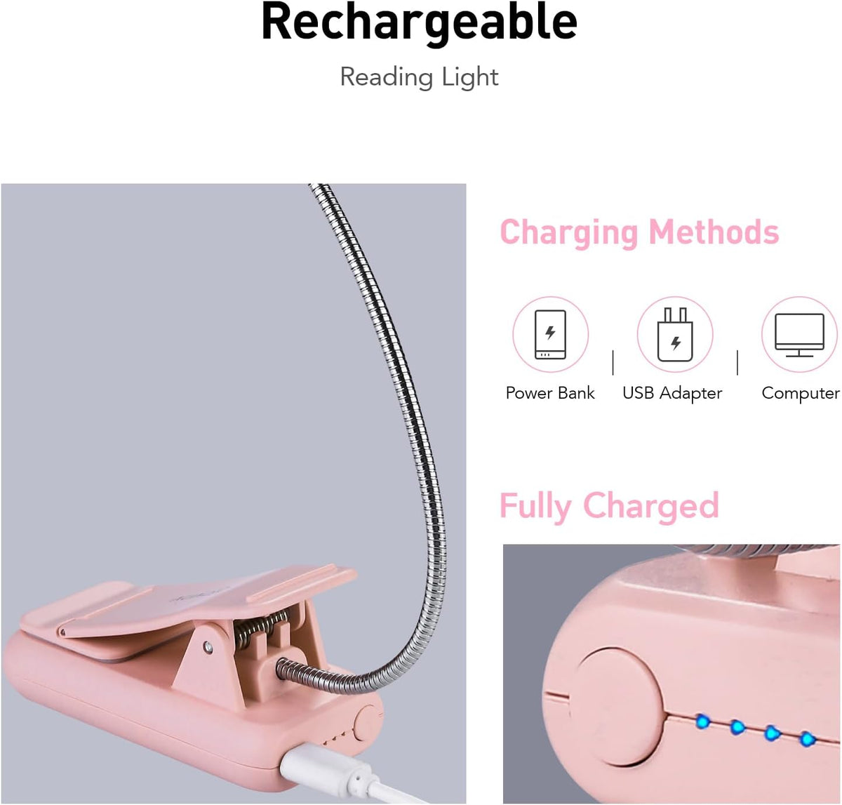 VAVOFO Rechargeable Book Light, Blue Light Blocking, Amber 1600K Clip On Reading Light, Eye Care 7 LEDs Kids Book Light for Reading in Bed with Power Indicator for Bookworms (Neon Orange)