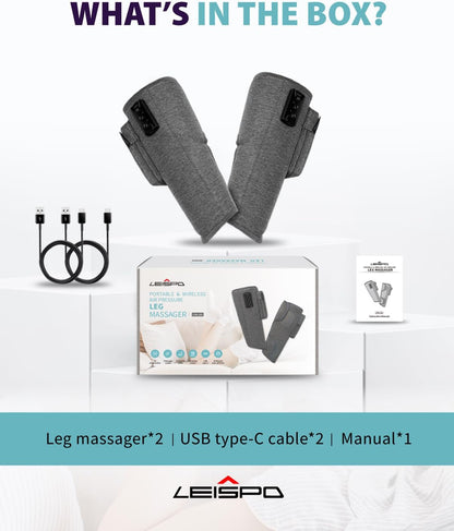 Wireless Leg Massager - Air Compression Cordless Calf Massager with Heat for Circulation, Pain Relief, and Recovery, 4 Modes & 3 Intensities, Portable and Adjustable (Gray, Set of 2)