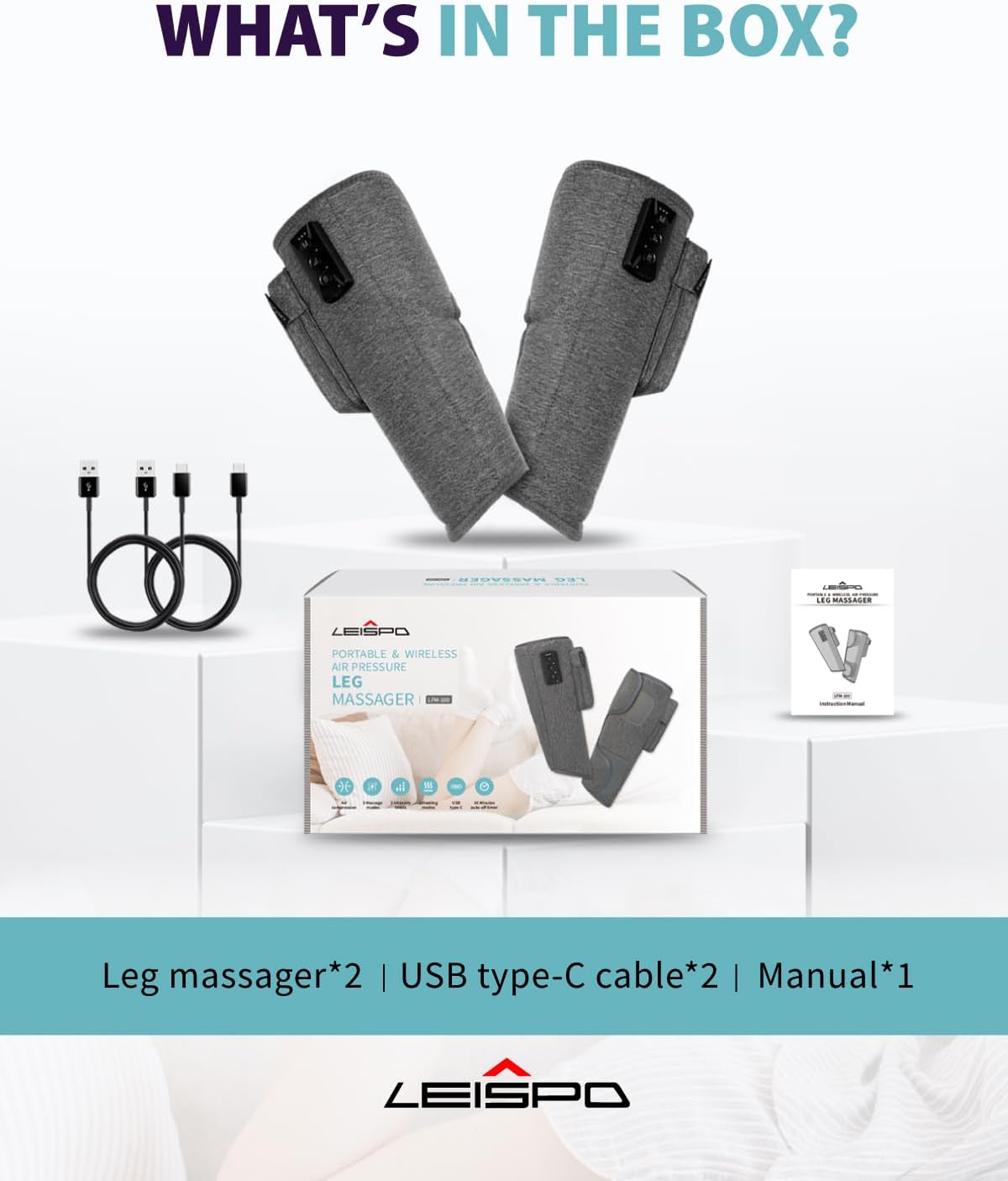 Wireless Leg Massager - Air Compression Cordless Calf Massager with Heat for Circulation, Pain Relief, and Recovery, 4 Modes & 3 Intensities, Portable and Adjustable (Gray, Set of 2)
